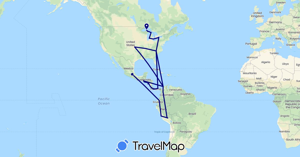 TravelMap itinerary: driving in Colombia, Costa Rica, Ecuador, Guatemala, Honduras, Mexico, Nicaragua, Panama, Peru, El Salvador, United States (North America, South America)